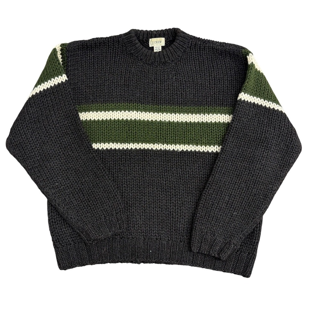 J.Crew Hand Knit Wool Sweater Mens XL Charcoal Green Colorblock Chunky Pullover
